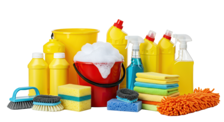 An arrangement of colorful commercial cleaning products including buckets, sprays, and sponges on a white background with copy space. Concept for professional cleaning services