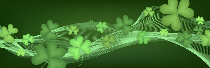 Happy St Patrick's Day concept. Greeting card design with four leaf clovers and gold coins on green background.