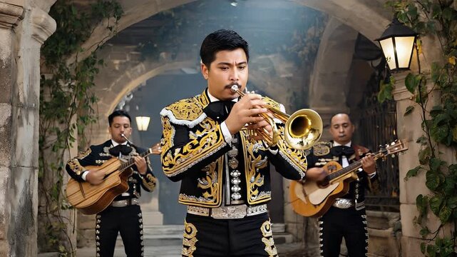Mariachi Musician Performing with Trumpet in Traditional Charro Suit, Authentic Mexican Culture, Festive Celebration.