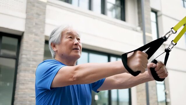 Elderly Male Exercising with Resistance Bands for Fitness and Strength Training