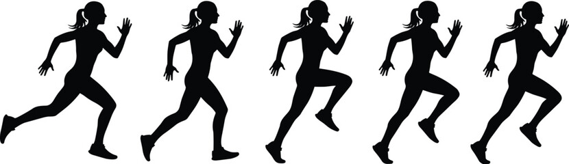 Female runner silhouettes in motion sequence, woman jogging and sprinting poses, fitness training and athletic exercise illustration set