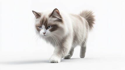 A beautiful white cat with brown markings walking on a plain white background