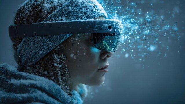 Close-up of a child wearing a knit hat and ski goggles, snow on their face with a blue glow and falling snow particles. Concept Winter close-up portrait, Snow on face, Blue glow lighting