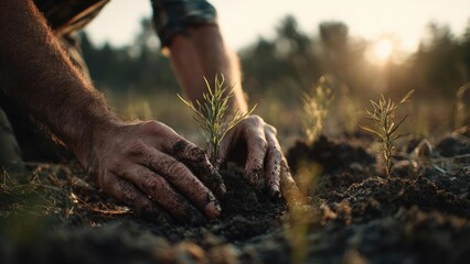 A person plants a tiny seedling in soil at sunset, hands muddy and focused on nurturing new growth. Concept Seedling planting at sunset, Muddy hands, Nurturing new growth, Focused gardener