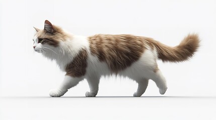 A beautiful cat with brown and white fur walking on a plain white background