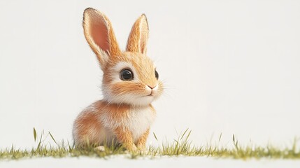 A cute little rabbit sitting in the grass with a white background