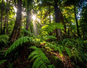 Sunlight streams through lush rainforest foliage