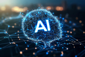 Interacting with digital holographic interface in futuristic virtual space innovation scene, generative ai