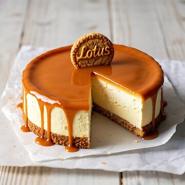 Delicious lotus biscoff cheesecake with caramel topping on wooden table