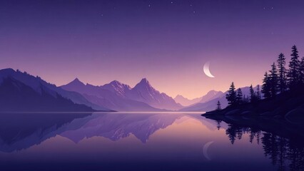 Twilight mountain lake with a crescent moon, silhouetted pine trees, and the snow-capped peaks reflected in the calm water. Concept Twilight Mountain Lake, Crescent Moon Silhouettes