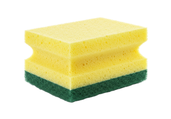 A new yellow and green cleaning sponge with an ergonomic shape is isolated on a white background with copy space. Concept for cleaning product advertising