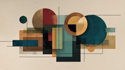 Abstract geometric collage of circles, rectangles and lines in teal, orange and brown on a beige background. Concept Abstract Geometric Collage, Circles Rectangles Lines, Teal Orange Brown Palette