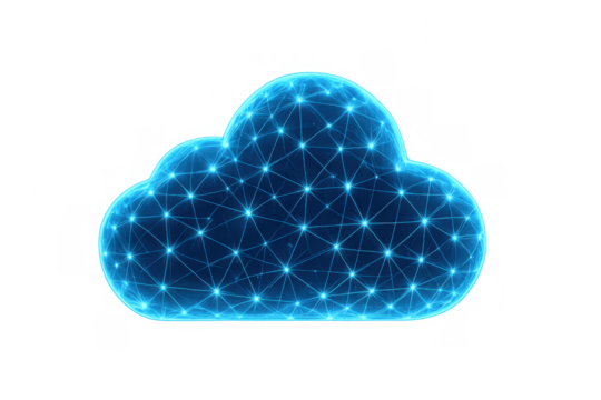 Cloud data network with glowing connections representing digital storage, global connection, modern computing, and technology concept, transparent background - Powered by Adobe