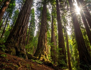 Sunlight filtering through giant redwood trees