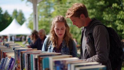 Two young people browsing books on a long outdoor table at a book market, with a white tent and trees in the background. Concept Book market, Outdoor market, Reading, Young adults
