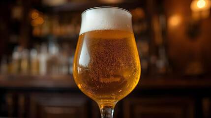 Cold beer glass in cozy bar atmosphere with warm lights