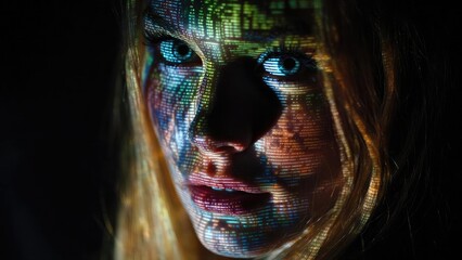 Close-up of a woman's face illuminated by multicolored light projections creating striped, pixel-like patterns. Concept Close-up portrait with multicolored light projections