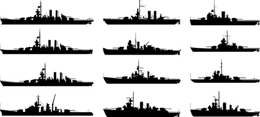 Vector Illustration of Naval Warship Silhouette Set, Featuring Twelve Different Military Battle Cruiser and Destroyer Ship Designs for Maritime History and Navy Concepts © Tahura