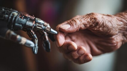 An elderly, wrinkled hand reaches toward a metallic robotic hand, their fingers nearly touching in a moment of human–machine connection. Concept Human-robot connection, Elderly hands