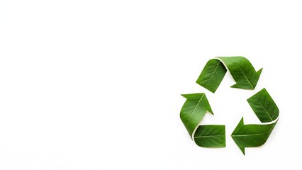 Obraz premium A recycling symbol formed by green leaves, placed on a plain white background, symbolizing eco-friendliness and sustainability.