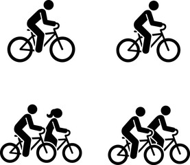 Fototapeta premium Vector Illustration of Stick Figure Cycling Silhouette Set, Featuring Individuals and Couples Riding Bicycles for Fitness and Urban Transportation Concepts