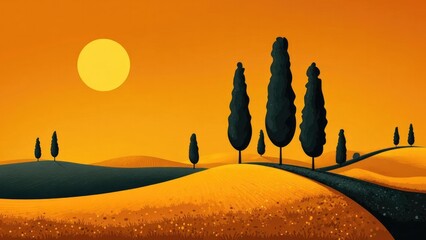 Stylized orange sunset over rolling golden fields with tall dark cypress trees and a winding road. Concept Orange sunset over rolling golden fields, Tall dark cypress silhouettes