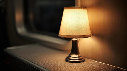 Small beige-shade table lamp glowing warmly on a textured surface beside a wall, casting a cozy glow. Concept Warm lighting, Beige shade lamp, Textured surface, Wall ambience, Cozy glow