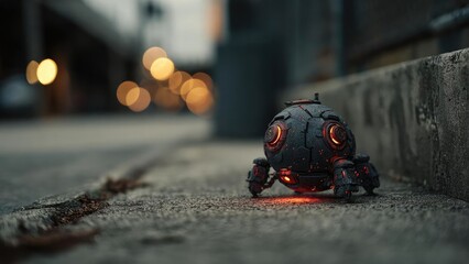 A small futuristic spherical robot with glowing red lights and tiny legs sits on a city sidewalk at dusk. Concept Futuristic spherical robot, Glowing red lights, Tiny legs, City sidewalk at dusk