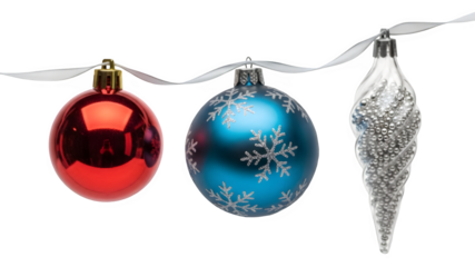 Three christmas ornaments isolated on transparent background