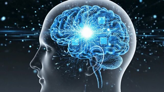 Conceptual rendering of artificial intelligence and digital brain interface technology glowing brightly in a dark setting