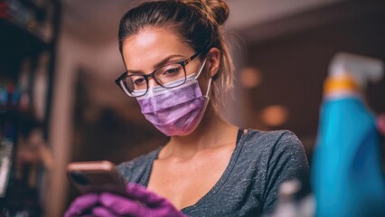 A woman wearing a purple face mask and glasses looks at her phone