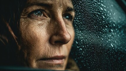 Close-up of a woman's face pressed against a rain-dotted car window, gazing outward with a pensive expression. Concept Rain-soaked car window portrait, Pensive gaze through rain-dotted glass