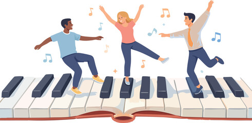 A lively flat illustration shows three people dancing joyfully on oversized piano keys with musical notes floating around, symbolizing creativity and rhythm. © Svutlana 
