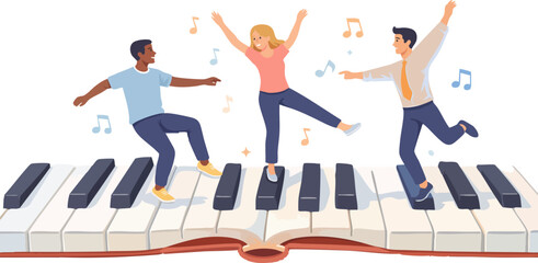A lively flat illustration shows three people dancing joyfully on oversized piano keys with musical notes floating around, symbolizing creativity and rhythm. © Svutlana 
