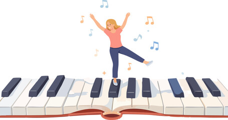 A cheerful flat illustration shows a woman dancing on oversized piano keys with floating musical notes, expressing joy and creativity. © Svutlana 