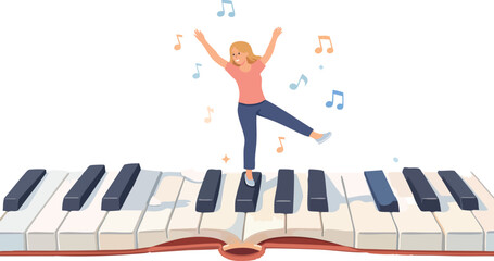 A cheerful flat illustration shows a woman dancing on oversized piano keys with floating musical notes, expressing joy and creativity. © Svutlana 