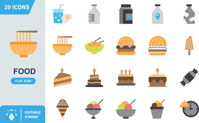 Collection of twenty flat design pixel art icons representing various popular food and dessert items on white background