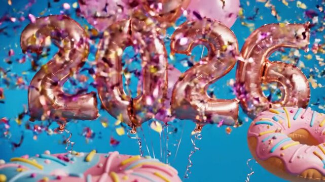 Rose gold foil balloons spelling 2026 float above colorful donut decorations with confetti falling
