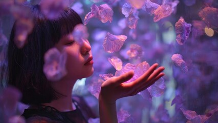 A young woman with short hair, eyes closed, reaches toward floating purple flower petals in a lavender-lit aquarium. Concept Lavender aquarium portrait, Floating purple petals