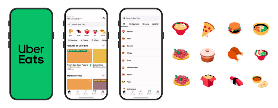 Uber Eats Food Delivery App Interface Screens with Uber Eats Icons, Online Restaurant Ordering and Grocery Shopping UI Design