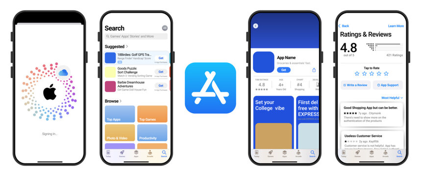 Apple App Store interface screens showing app search, app listing and ratings UI, mobile app marketplace design and digital software distribution platform