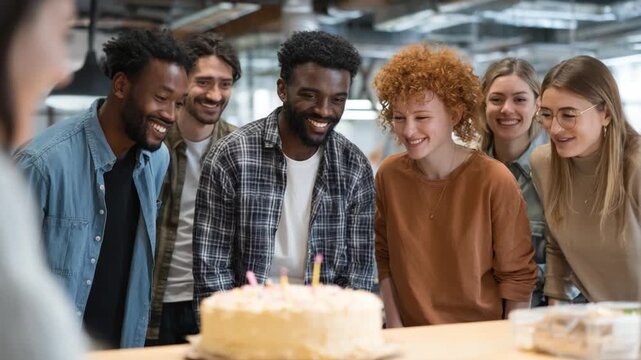 Birthday Celebration Amidst Smiles: A circle of friends surrounds a birthday cake adorned with candles, their faces alight with joy and anticipation as they celebrate a special occasion.