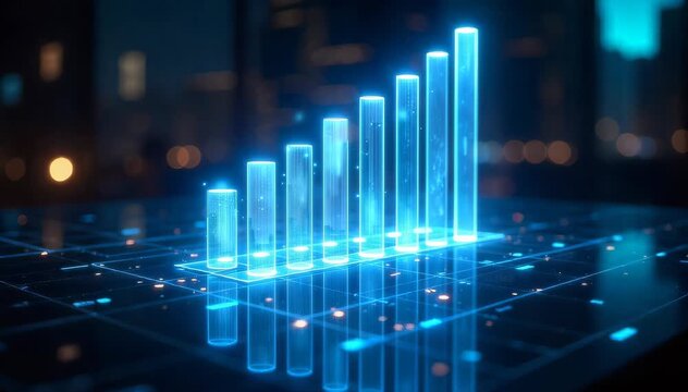 Holographic bar chart projecting from a sleek futuristic table 