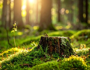 Sunlight filters through a forest, illuminating a mossy tree stump