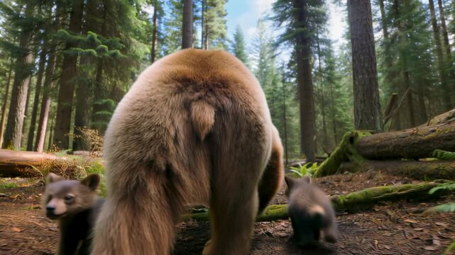 arge brown grizzly bear walking through a lush forest with a small cub, majestic wildlife in a sunlit woodland scene with tall trees and greenery