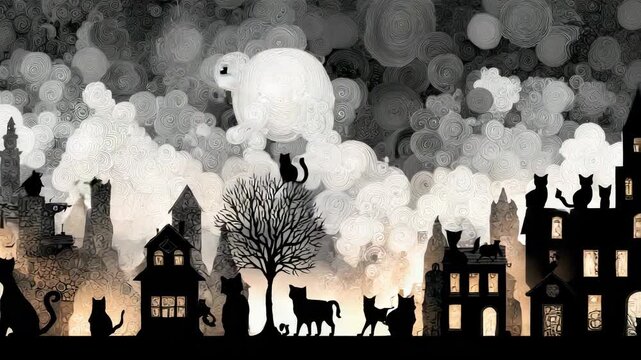 Silhouette Cat Family in Evening Landscape, Noir Style, Minimalist Graphic Illustration, Cozy Domestic Scene, Peaceful Night.