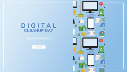 Digital cleanup day banner. Digital sobriety concept. Green IT. Clean data ideal for sustainable business. Corporate sustainability. Digital carbon footprint. Flat design. Vector illustration