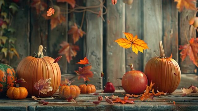 Video A selection of pumpkins arranged on a rustic wooden table, perfect for autumn-themed settings or harvest celebrations