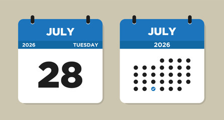 July 28 2026 (Tuesday) Calendar page Vector Illustration. 28 July calendar page. Day calendar with date July 28. Checklist day calendar. Modern Calendar template icon. Week Starts on Sunday.