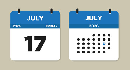 July 17 2026 (Friday) Calendar page Vector Illustration. 17 July calendar page. Day calendar with date July 17. Modern Calendar template icon. Week Starts on Sunday. Checklist day calendar.